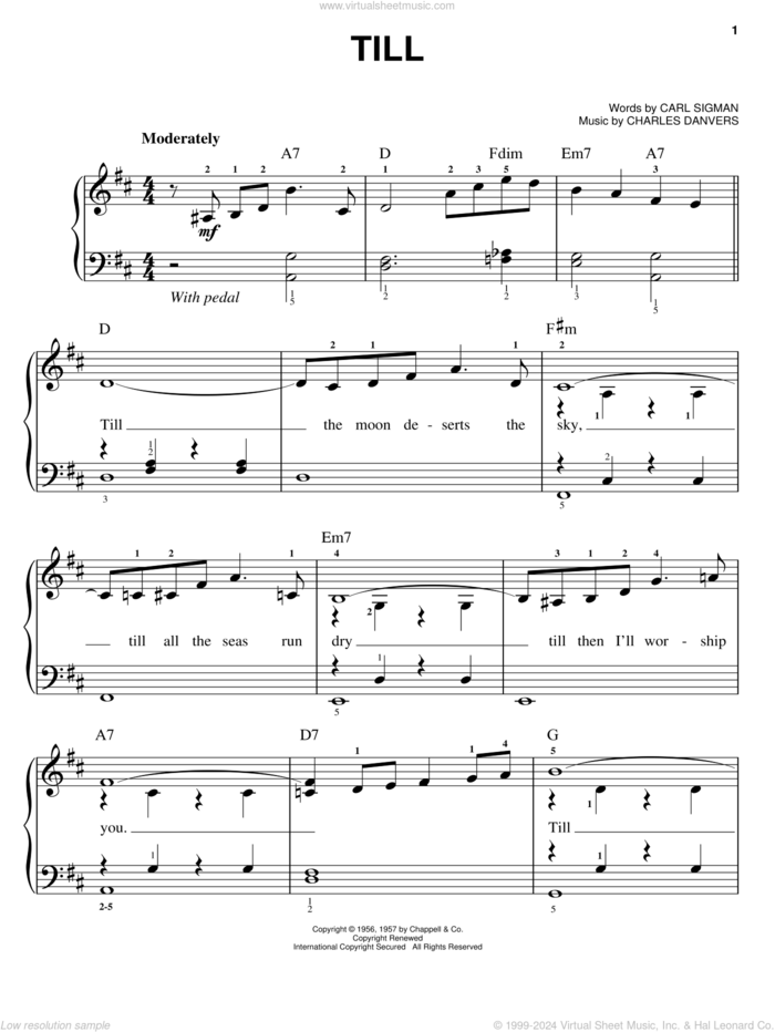 Till sheet music for piano solo by Carl Sigman and Charles Danvers, wedding score, easy skill level