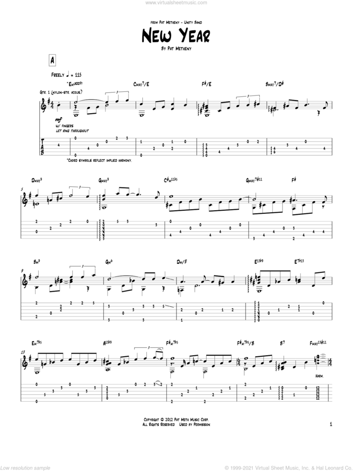 New Year sheet music for guitar (tablature) by Pat Metheny, intermediate skill level