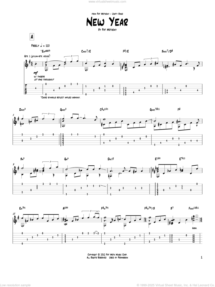 New Year sheet music for guitar (tablature) by Pat Metheny, intermediate skill level