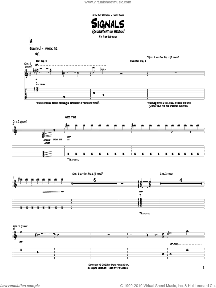 Signals (Orchestrion Sketch) sheet music for guitar (tablature) by Pat Metheny, intermediate skill level