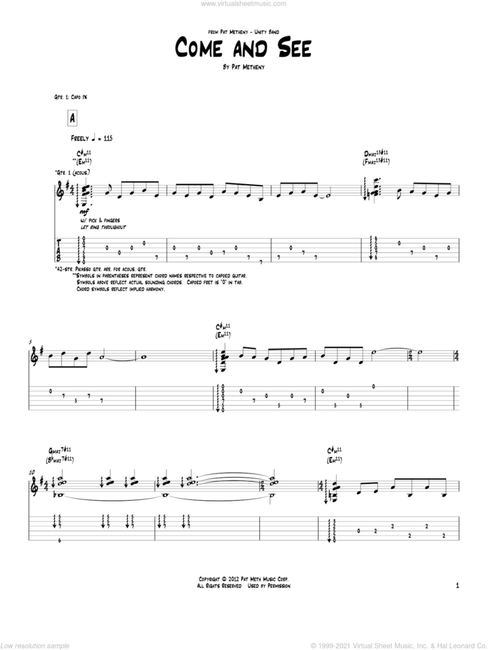 Come And See sheet music for guitar (tablature) by Pat Metheny, intermediate skill level