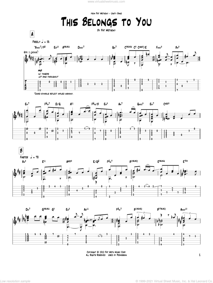 This Belongs To You sheet music for guitar (tablature) by Pat Metheny, intermediate skill level
