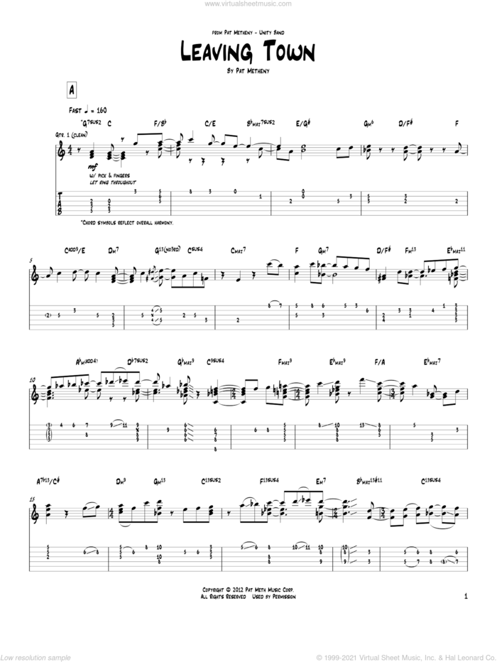 Leaving Town sheet music for guitar (tablature) by Pat Metheny, intermediate skill level