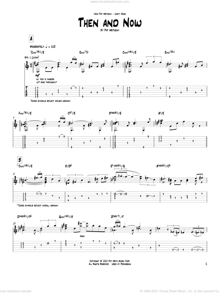 Then And Now sheet music for guitar (tablature) by Pat Metheny, intermediate skill level
