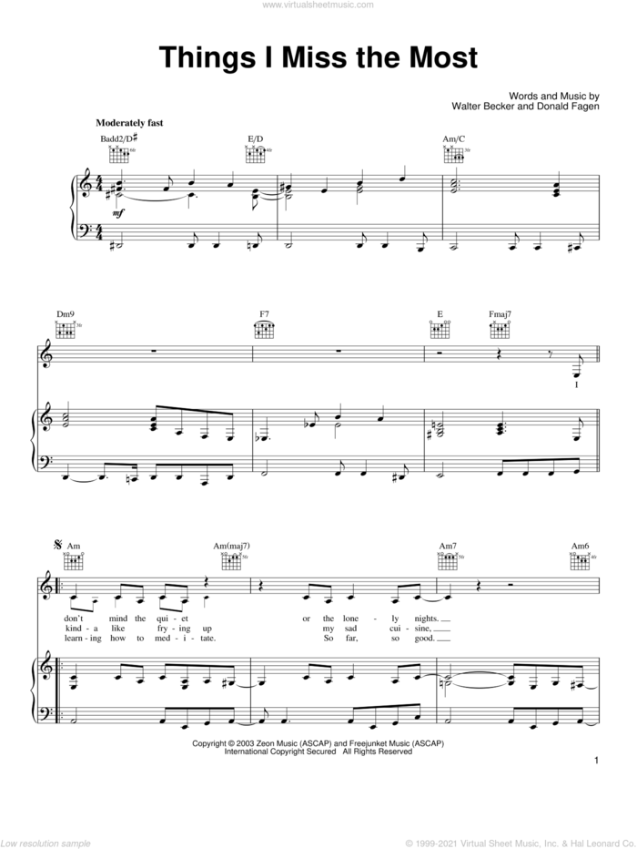 Things I Miss The Most sheet music for voice, piano or guitar by Steely Dan, Donald Fagen and Walter Becker, intermediate skill level