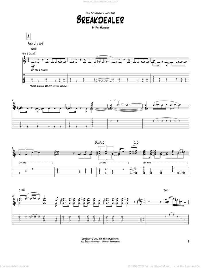 Breakdealer sheet music for guitar (tablature) by Pat Metheny, intermediate skill level