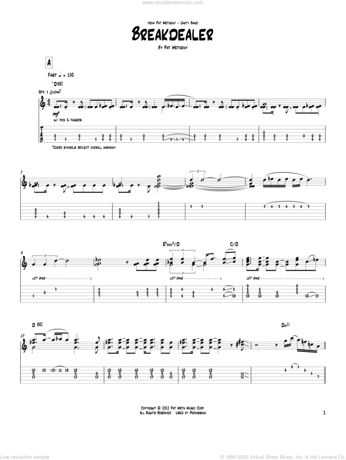 Breakdealer sheet music for guitar (tablature) by Pat Metheny, intermediate skill level