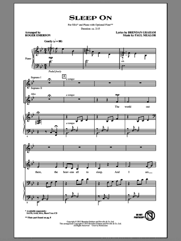 Sleep On sheet music for choir (SSA: soprano, alto) by Roger Emerson, Brendan Graham and Paul Mealor, intermediate skill level
