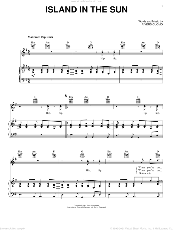 Island In The Sun sheet music for voice, piano or guitar by Weezer, intermediate skill level
