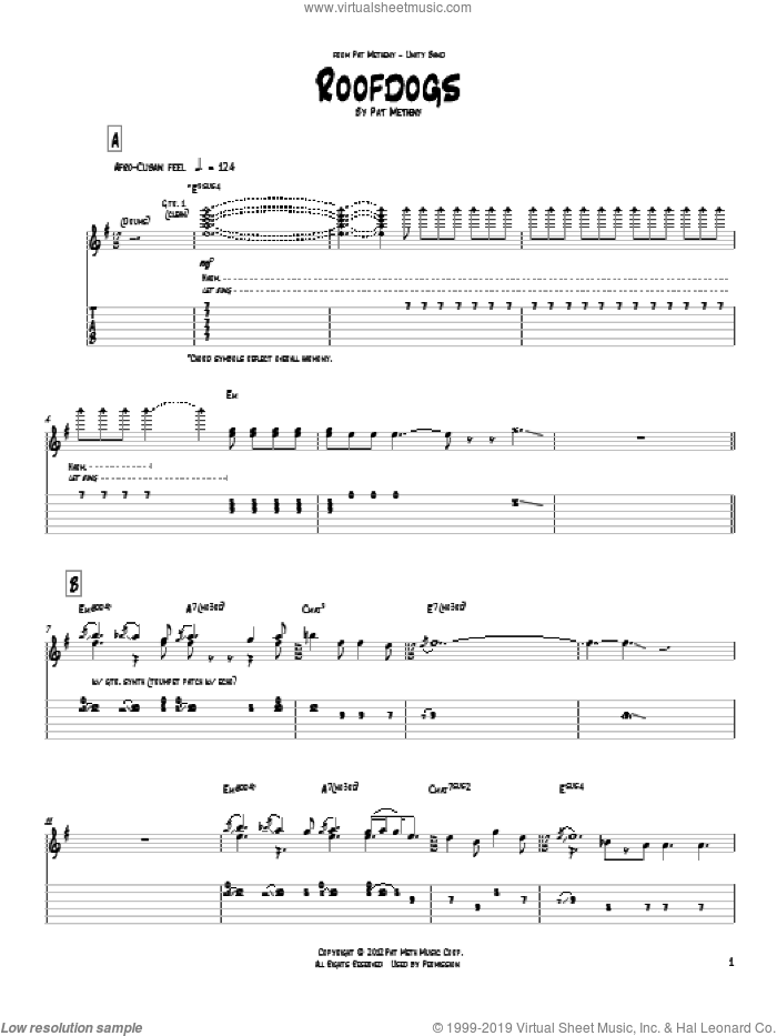 Roofdogs sheet music for guitar (tablature) by Pat Metheny, intermediate skill level
