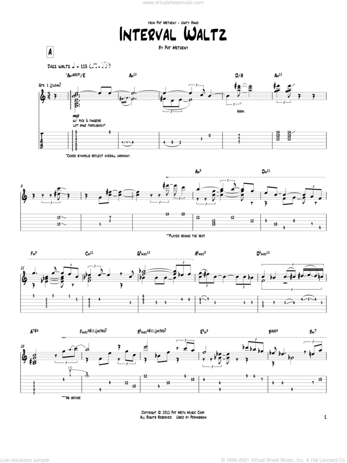Interval Waltz sheet music for guitar (tablature) by Pat Metheny, intermediate skill level