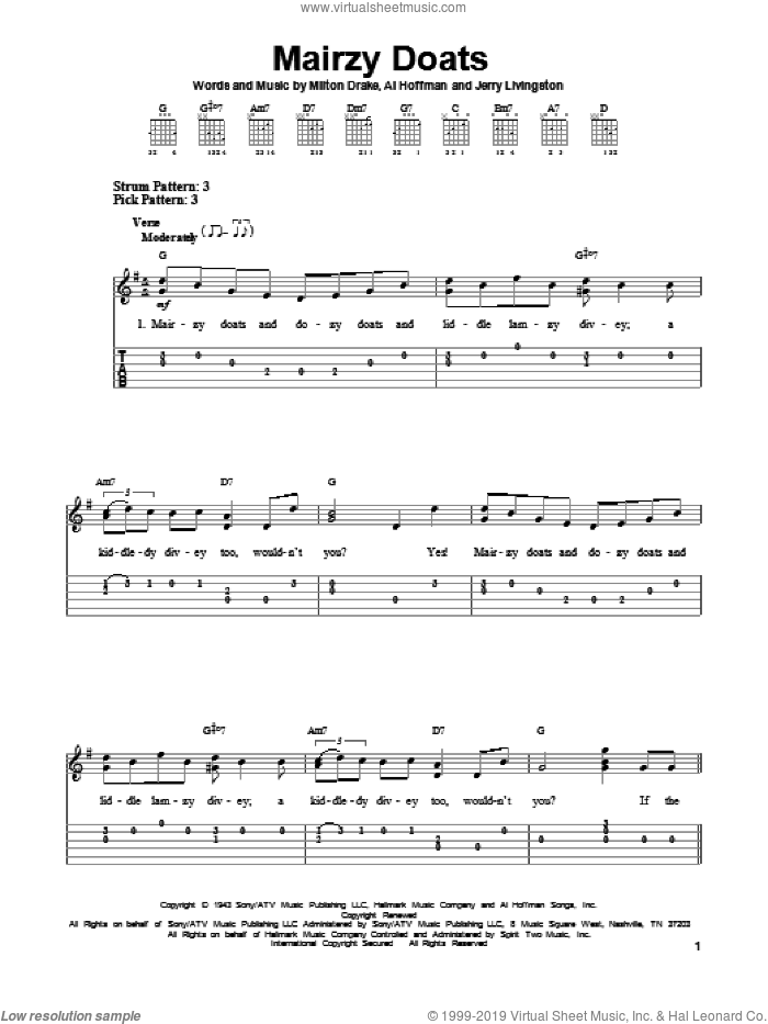 Mairzy Doats sheet music for guitar solo (easy tablature) by Milton Drake and Al Hoffman, easy guitar (easy tablature)