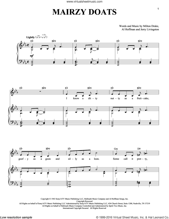 Mairzy Doats sheet music for voice and piano by Milton Drake and Al Hoffman, intermediate skill level