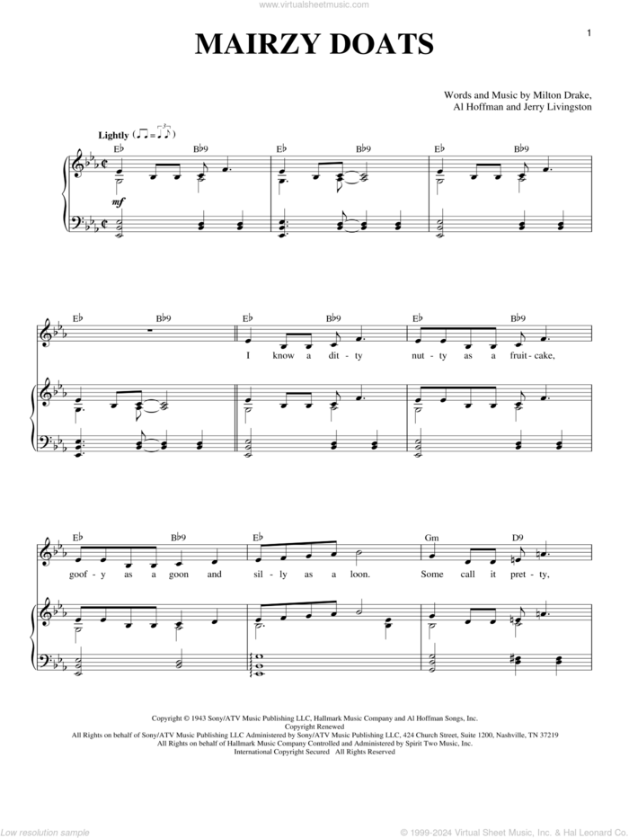 Mairzy Doats sheet music for voice and piano by Milton Drake and Al Hoffman, intermediate skill level