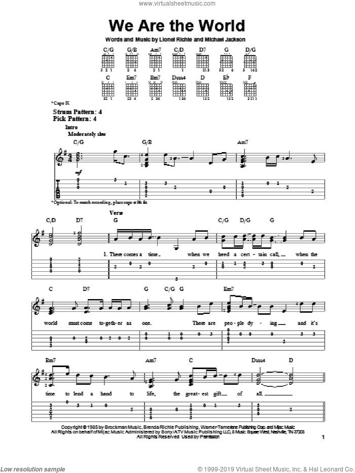 We Are The World sheet music for guitar solo (easy tablature) by Lionel Richie, Michael Jackson and USA For Africa, easy guitar (easy tablature)