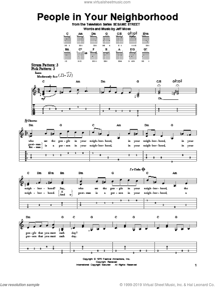 People In Your Neighborhood sheet music for guitar solo (easy tablature) by Jeff Moss, easy guitar (easy tablature)