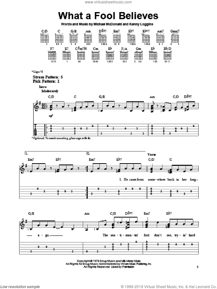 What A Fool Believes sheet music for guitar solo (easy tablature) by The Doobie Brothers, Kenny Loggins and Michael McDonald, easy guitar (easy tablature)