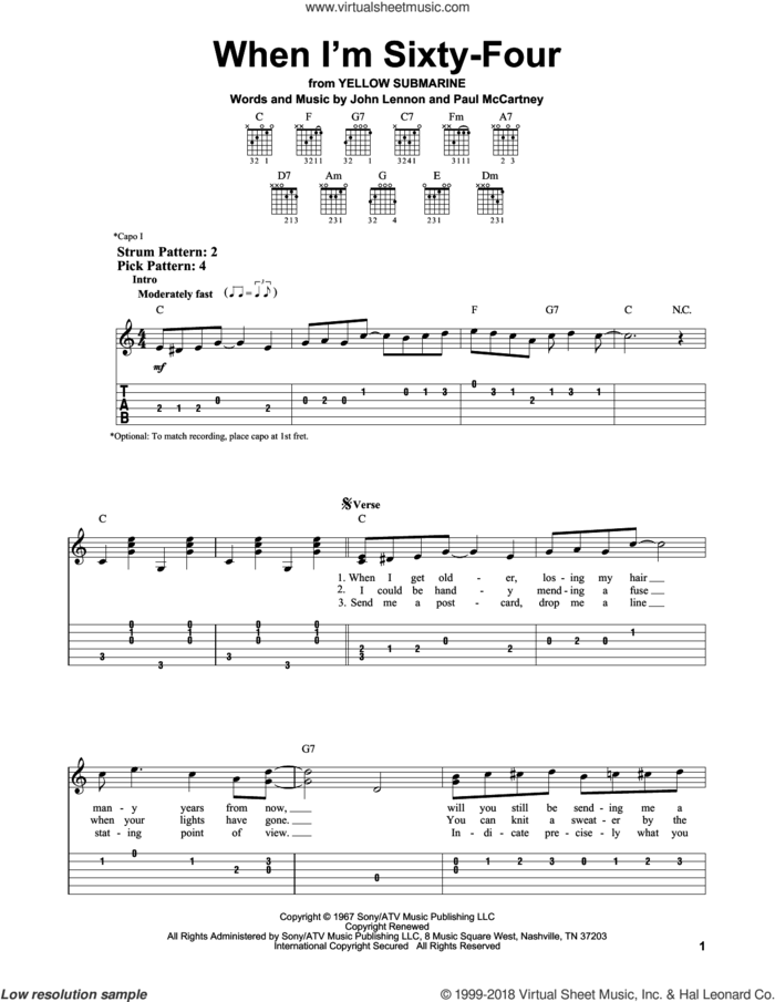 When I'm Sixty-Four sheet music for guitar solo (easy tablature) by The Beatles, John Lennon and Paul McCartney, easy guitar (easy tablature)