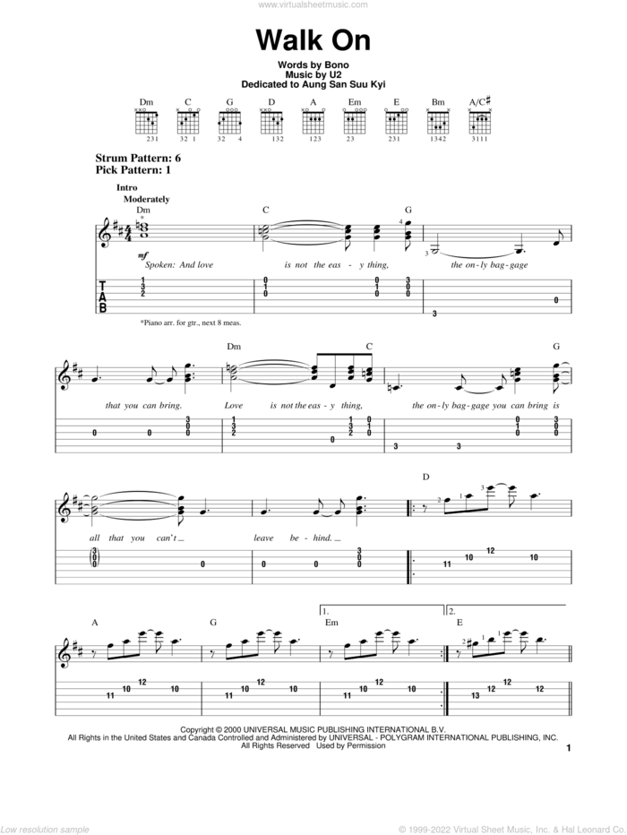 Walk On sheet music for guitar solo (easy tablature) by U2, easy guitar (easy tablature)