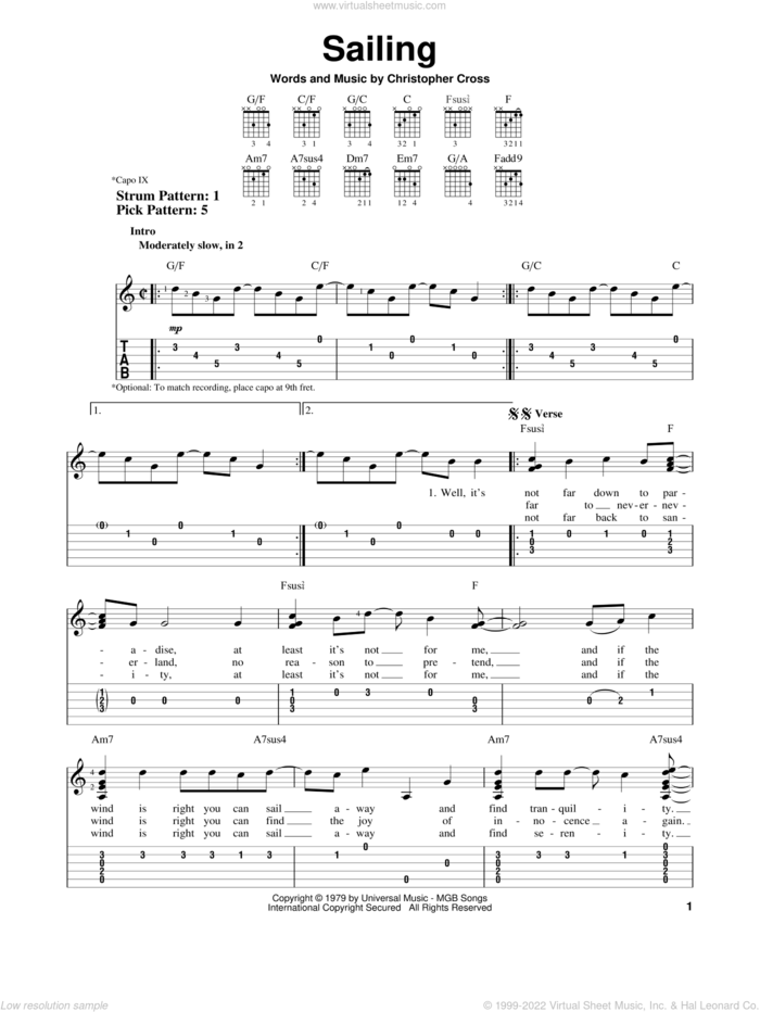 Sailing sheet music for guitar solo (easy tablature) by Christopher Cross, easy guitar (easy tablature)