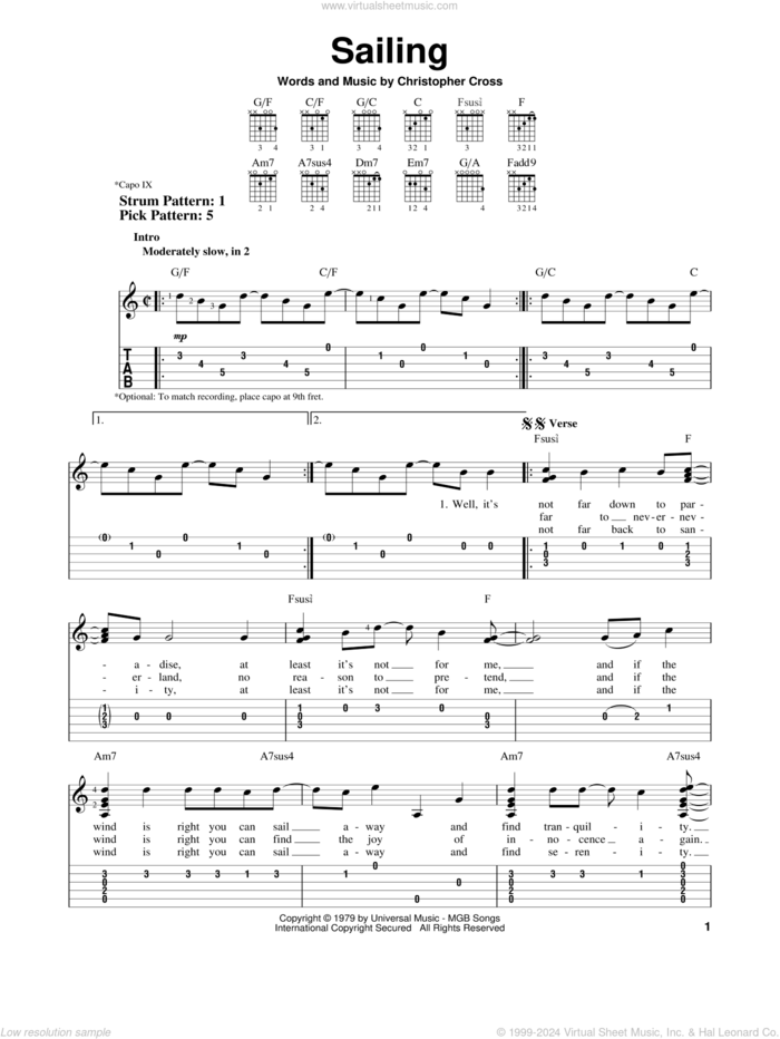 Sailing sheet music for guitar solo (easy tablature) by Christopher Cross, easy guitar (easy tablature)