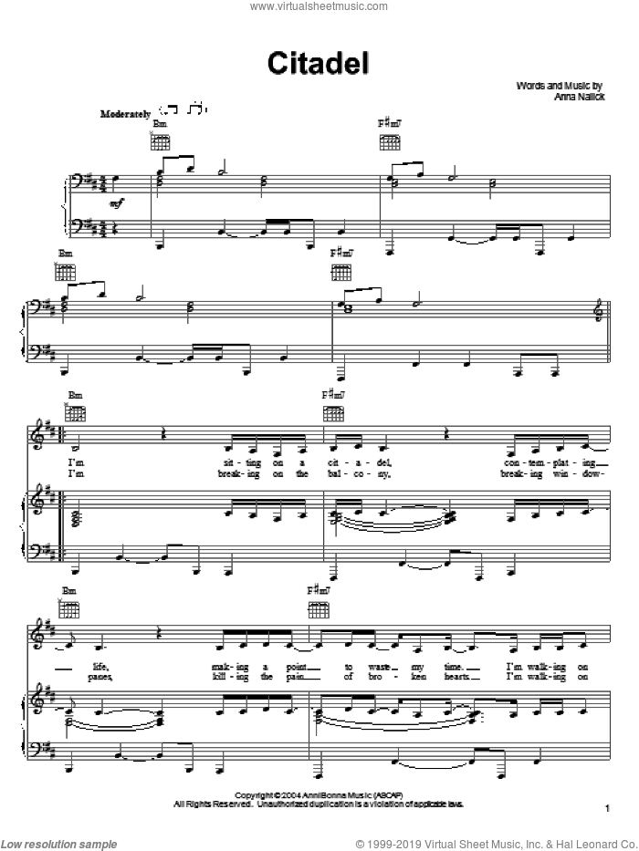 Citadel sheet music for voice, piano or guitar by Anna Nalick, intermediate skill level