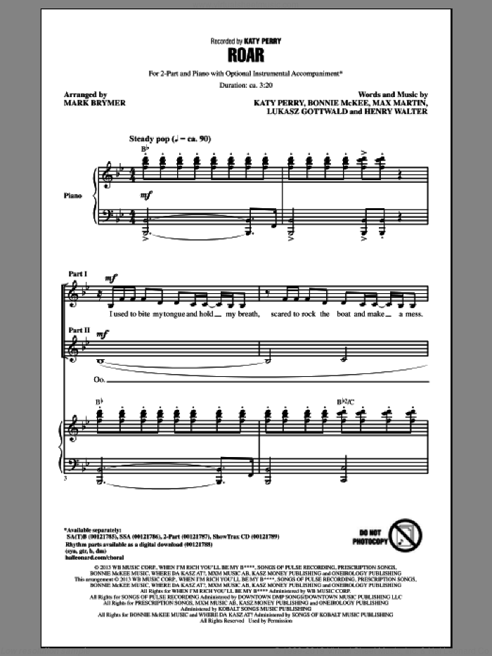Roar (arr. Mark Brymer) sheet music for choir (2-Part) by Mark Brymer and Katy Perry, intermediate duet