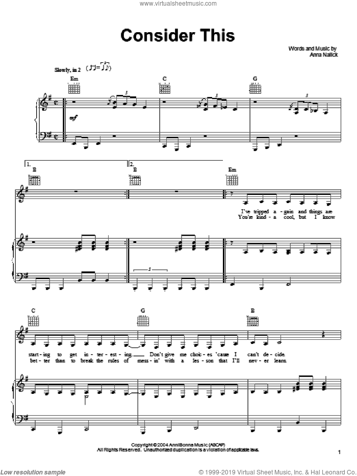 Consider This sheet music for voice, piano or guitar by Anna Nalick, intermediate skill level