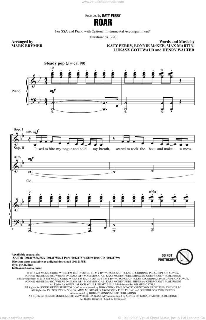 Roar sheet music for choir (SSA: soprano, alto) by Mark Brymer and Katy Perry, intermediate skill level