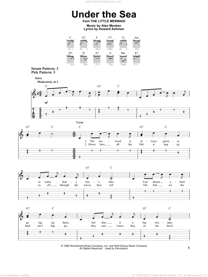 Under The Sea (from The Little Mermaid) sheet music for guitar solo (easy tablature) by Howard Ashman and Alan Menken, easy guitar (easy tablature)