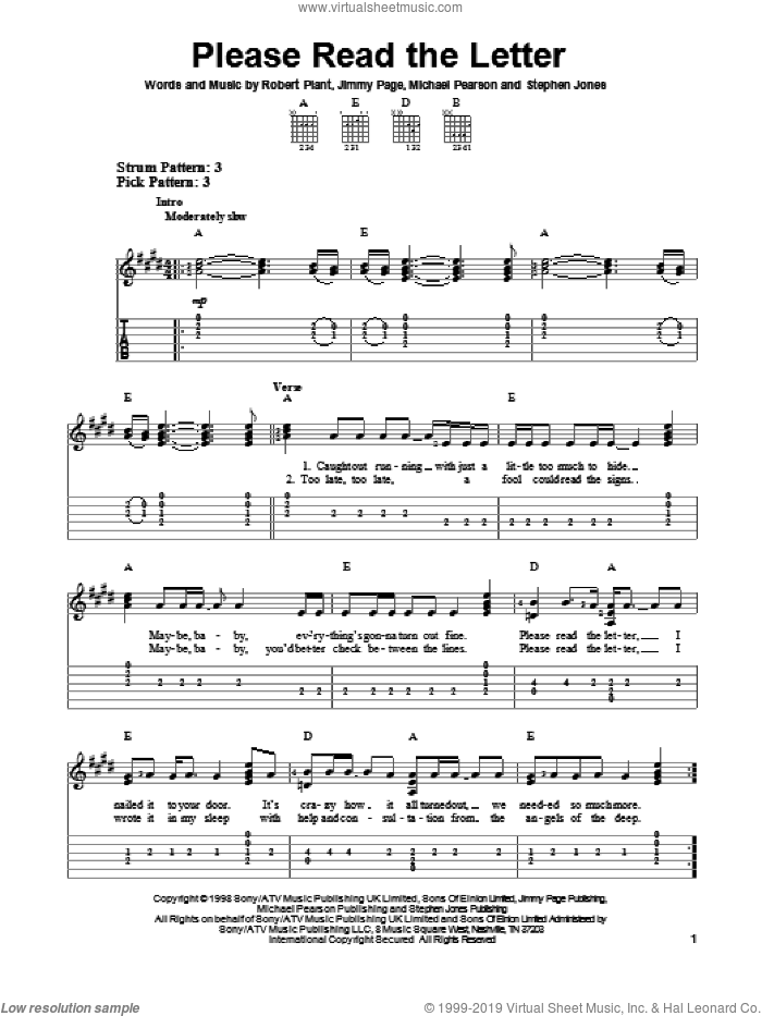 Please Read The Letter sheet music for guitar solo (easy tablature) by Robert Plant and Jimmy Page, easy guitar (easy tablature)