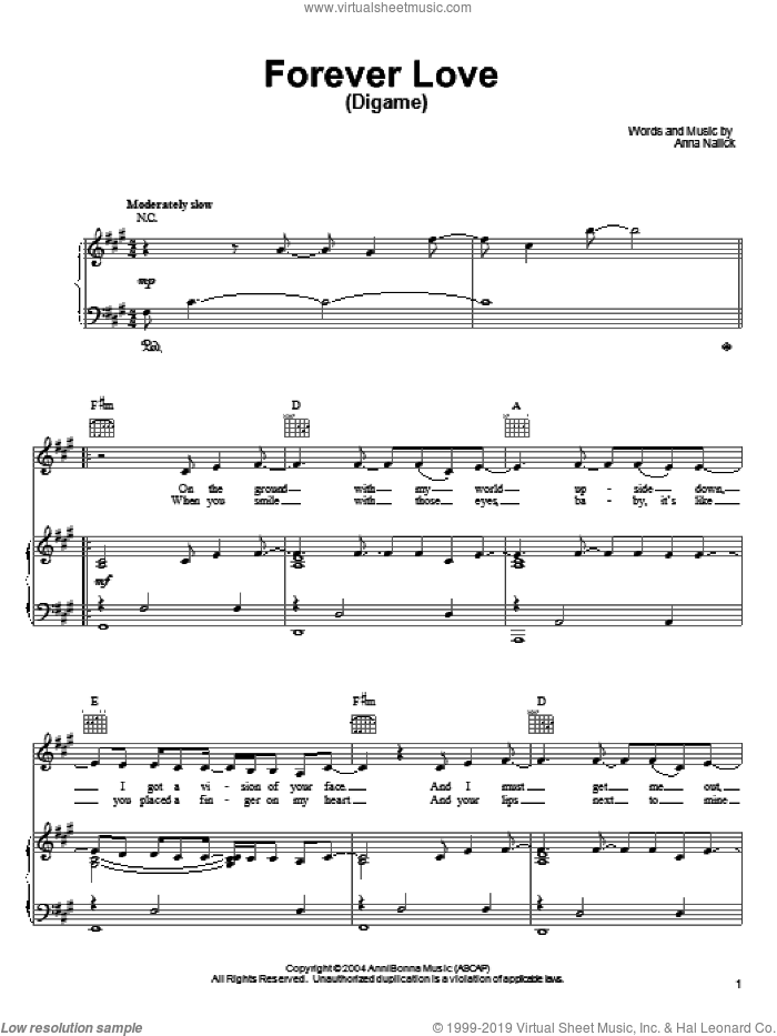 Forever Love (Digame) sheet music for voice, piano or guitar by Anna Nalick, intermediate skill level