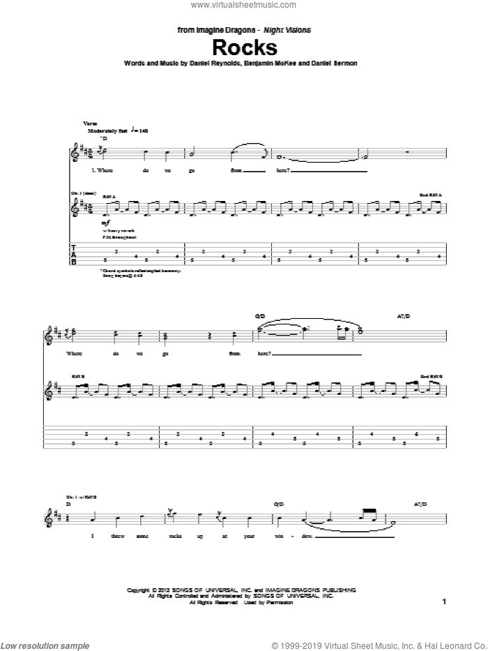 Rocks sheet music for guitar (tablature) by Imagine Dragons, intermediate skill level