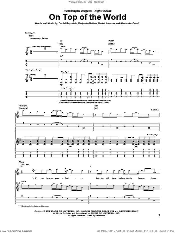 On Top Of The World sheet music for guitar (tablature) by Imagine Dragons, intermediate skill level