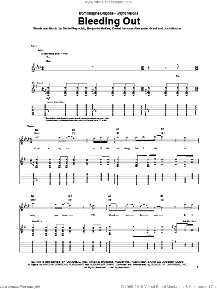 Bleeding Out sheet music for guitar (tablature) by Imagine Dragons, intermediate skill level