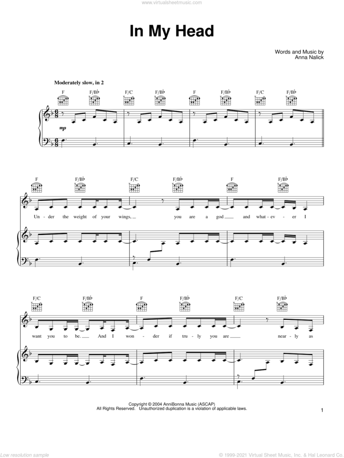 In My Head sheet music for voice, piano or guitar by Anna Nalick, intermediate skill level