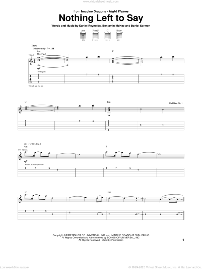 Nothing Left To Say sheet music for guitar (tablature) by Imagine Dragons, intermediate skill level