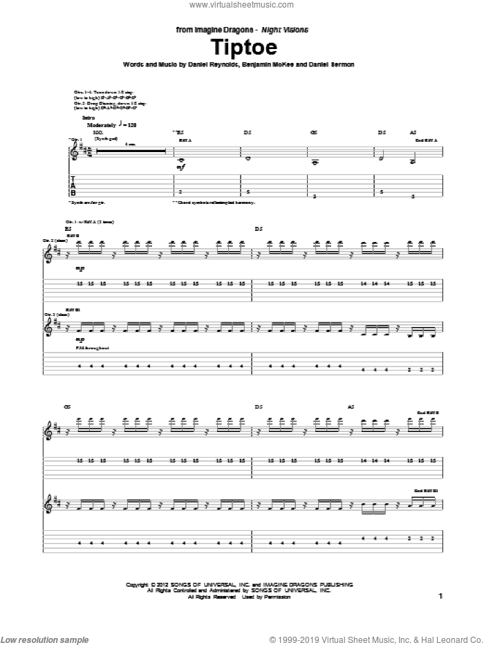 Tiptoe sheet music for guitar (tablature) by Imagine Dragons, intermediate skill level