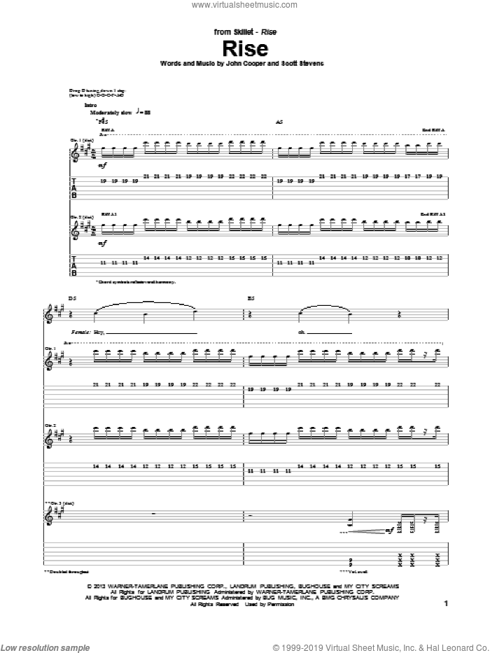 Rise sheet music for guitar (tablature) by Skillet, intermediate skill level