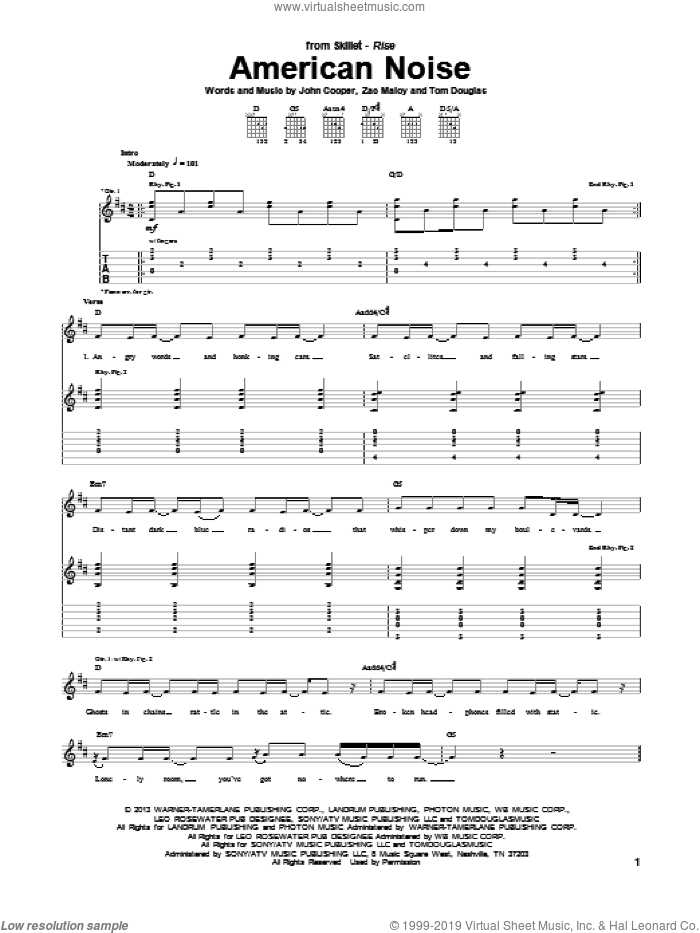 American Noise sheet music for guitar (tablature) by Skillet, intermediate skill level