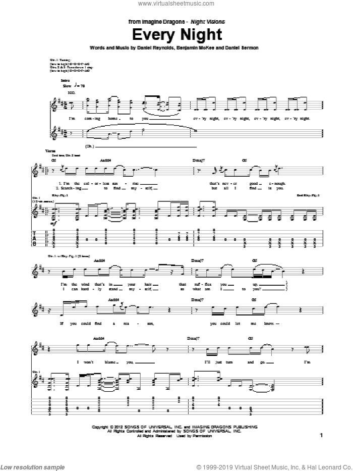 Every Night sheet music for guitar (tablature) by Imagine Dragons, intermediate skill level