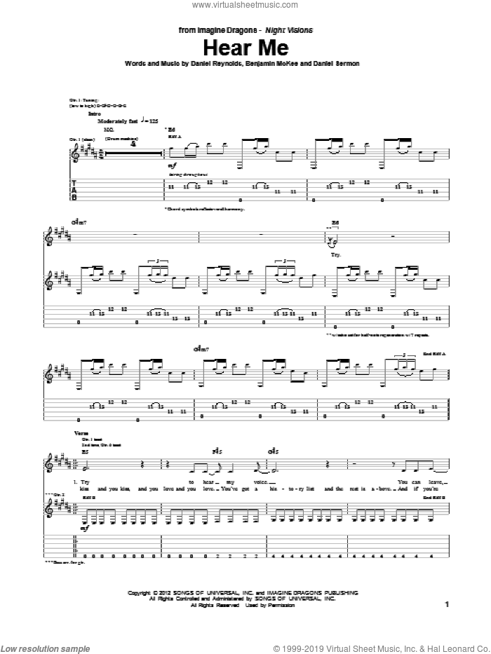 Hear Me sheet music for guitar (tablature) by Imagine Dragons, intermediate skill level