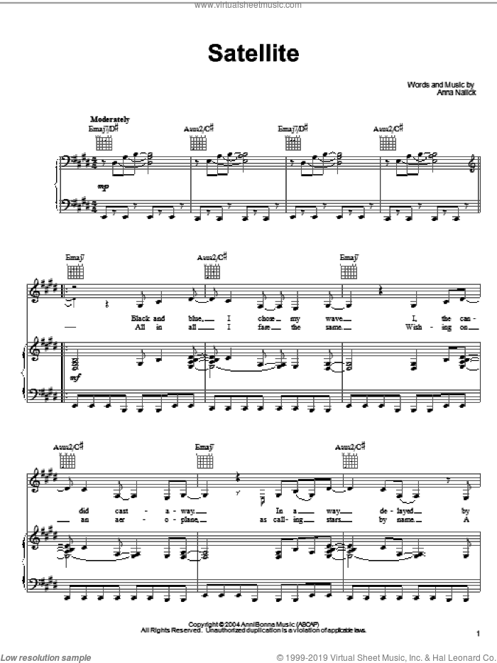 Satellite sheet music for voice, piano or guitar by Anna Nalick, intermediate skill level