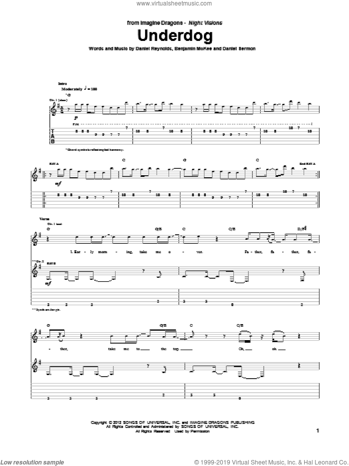 Underdog sheet music for guitar (tablature) by Imagine Dragons, intermediate skill level