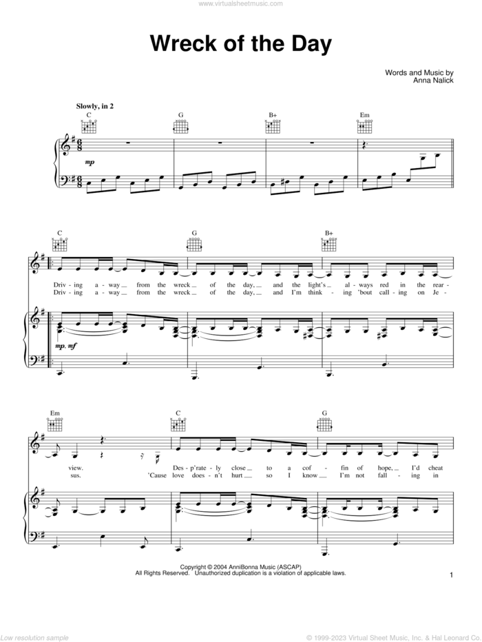 Wreck of the Day sheet music for voice, piano or guitar by Anna Nalick, intermediate skill level