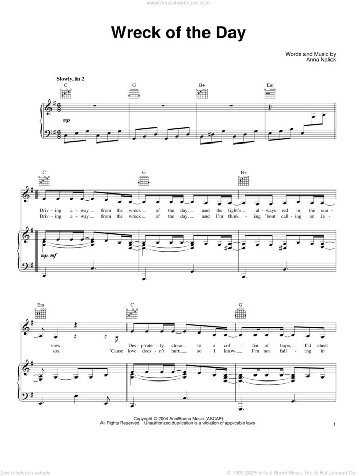 Wreck of the Day sheet music for voice, piano or guitar by Anna Nalick, intermediate skill level