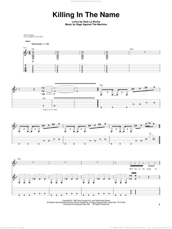Killing In The Name sheet music for guitar (tablature) by Rage Against The Machine, intermediate skill level