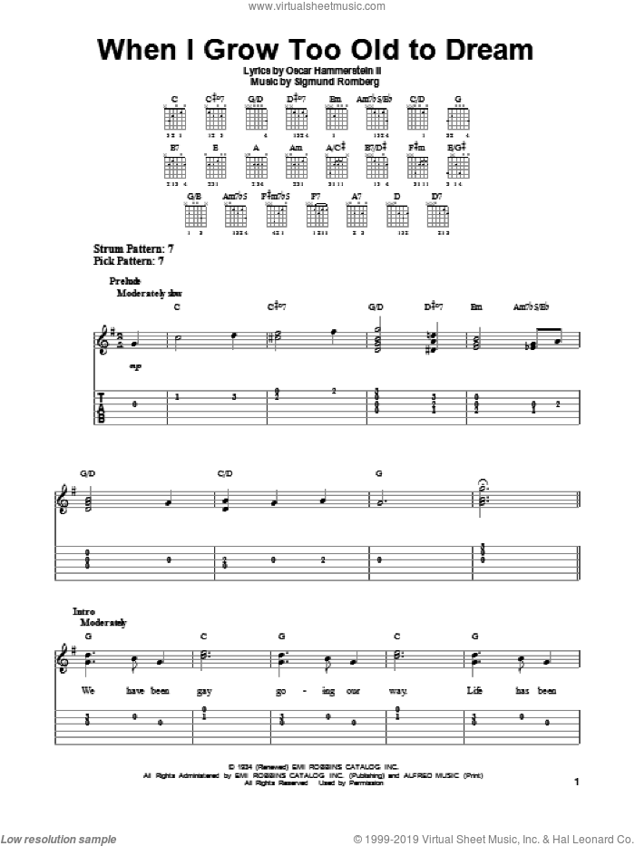 When I Grow Too Old To Dream sheet music for guitar solo (easy tablature) by Sigmund Romberg and Oscar II Hammerstein, easy guitar (easy tablature)