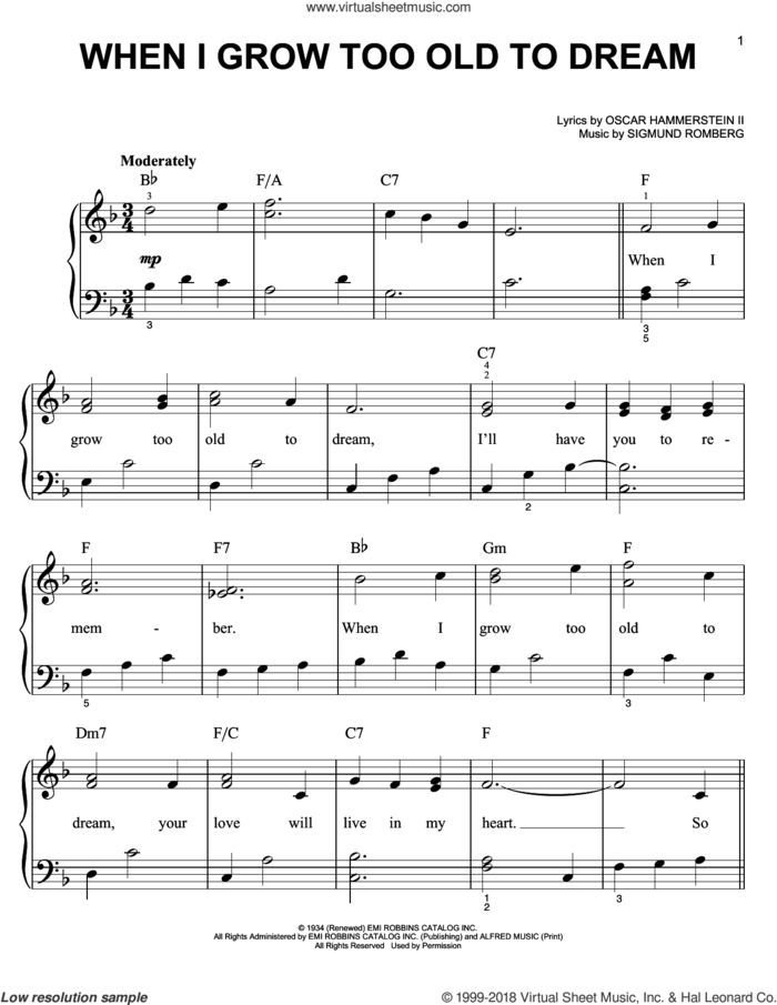 When I Grow Too Old To Dream, (beginner) sheet music for piano solo by Sigmund Romberg and Oscar II Hammerstein, beginner skill level