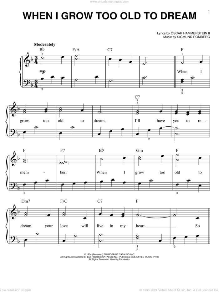 When I Grow Too Old To Dream, (beginner) sheet music for piano solo by Sigmund Romberg and Oscar II Hammerstein, beginner skill level